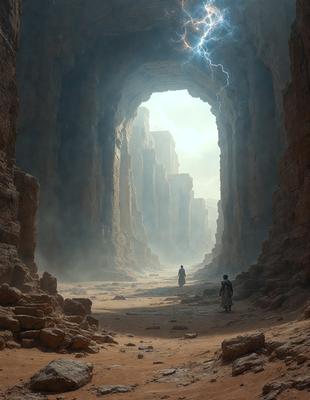 The primary subject of the image is a person walking through a cave. The setting is a rocky, cave-like environment with a person in the foreground and a backdrop of the cave. The visual style appears to be a combination of photo and digital art, creating a realistic yet artistic representation of the scene. The colors and mood of the image are dark and moody, with the cave's rocky and cave-like appearance contributing to the overall atmosphere.
